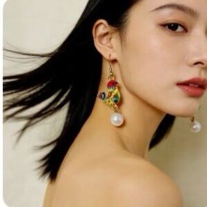 Colorful Hand painted Bird Pearl Drop Earrings